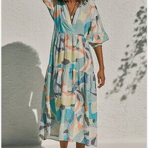 Anthropologie tiered shirt dress. High low hem. Size S colorful maxi.